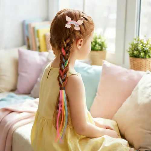 Miniatura 3 de Little World Pinzas para el cabello para niñas, 6 extensiones de cabello arcoíris, pinzas de pelo de unicornio para niñas y niños pequeños, colas