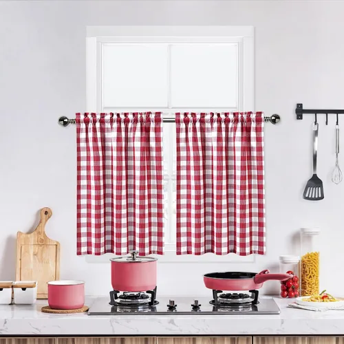 Miniatura 23 de Cortinas de Cocina Estilo Granja de Cuadros Vichy Blanco y Negro de 24 Pulgadas de Largo, Cortinas de Café de Media Ventana de Cuadros Buffalo