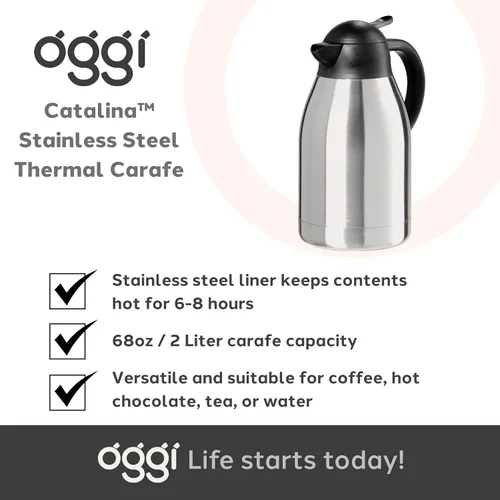 Miniatura 7 de OGGI Catalina - Jarra térmica de acero inoxidable de 68 onzas, contenedor al vacío de doble pared con botón superior, jarra de café aislada, jarra