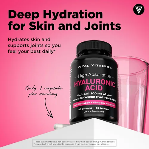Miniatura 2 de Vital Vitamins Suplementos de ácido hialurónico - Hecho con 200 mg de ácido hialurónico de bajo peso molecular - Apoya la hidratación y elasticidad