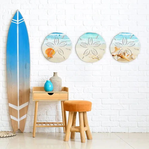 Miniatura 5 de Tatuo 3 piezas de decoración de pared costera de verano para baño, playa, arte de pared azul, tortuga de mar, tabla de surf, caballito de mar