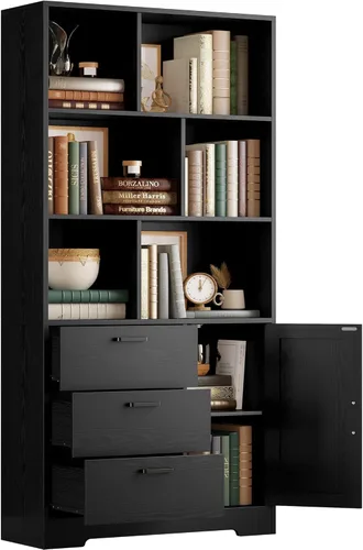 IRONCK Estantería con cajones, estantería de 70.9 pulgadas de alto con puertas, estanterías y estanterías con almacenamiento, estantería con 6 cubos