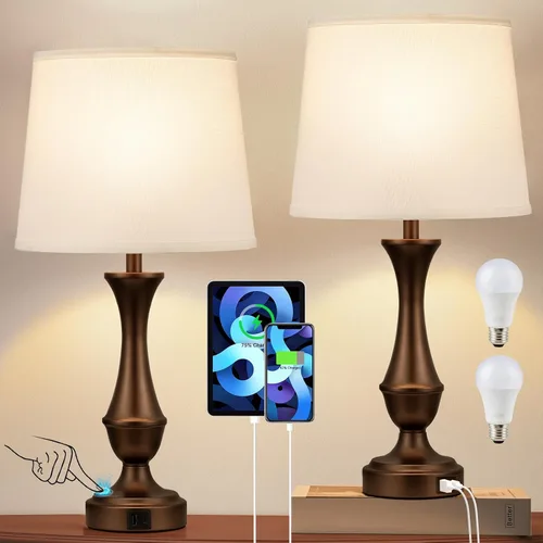 Miniatura 16 de Seealle - Juego de 2 lámparas táctiles mejoradas para mesitas de noche - Lámparas de mesita con USB C+A, regulables de 3 vías para dormitorio, sala