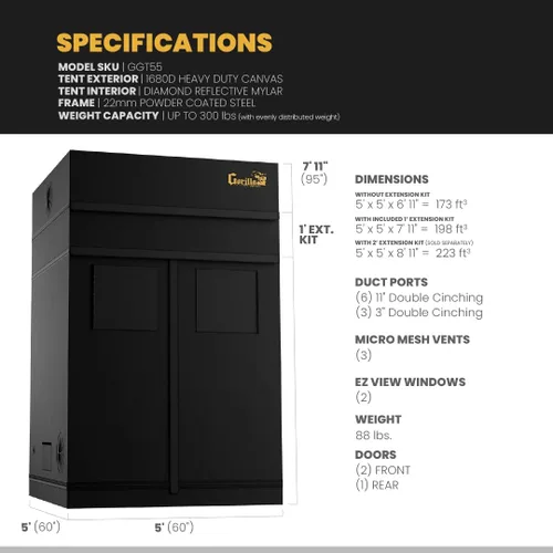 Miniatura 9 de Gorilla Grow Tienda Pro 5' x 5' x 6'11 a 7'11 con Kit de Extensión Incluido - La Tienda de Cultivo Interior Premium Más Alta, Lona Gorilla Más