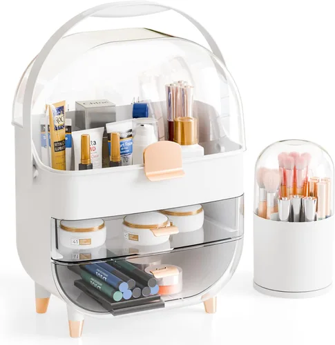 Miniatura 8 de Yieach Organizador de maquillaje de encimera para tocador, organizador de cuidado de la piel de gran capacidad con cajones y soporte para brochas