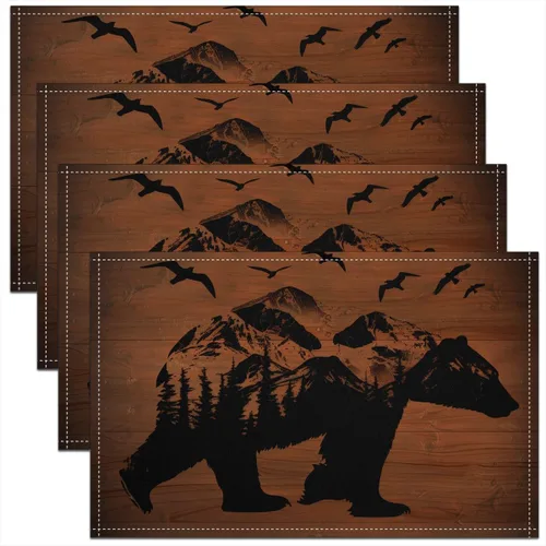 Miniatura 14 de Lodge - Juego de 4 manteles individuales de cabina con diseño de silueta de pino y oso gris, tapetes de cocina para mesa de comedor, animales