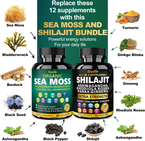 Miniatura 3 de Paquete de Musgo Marino y Shilajit de Bualle - Musgo Marino 300mg, Aceite de Semilla Negra 100mg, Ashwagandha 50mg, Jengibre y Shilajit 300mg