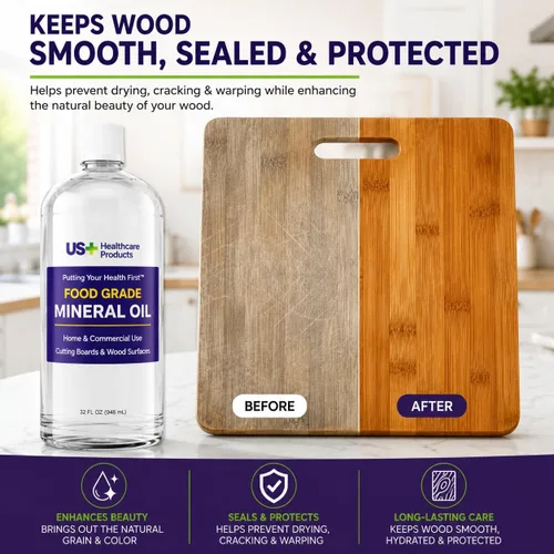 Miniatura 4 de US+ Aceite mineral 100% puro de 32 onzas, aceite para tablas de cortar, grado alimenticio, USP, restaura y protege tablas de cortar, bloques
