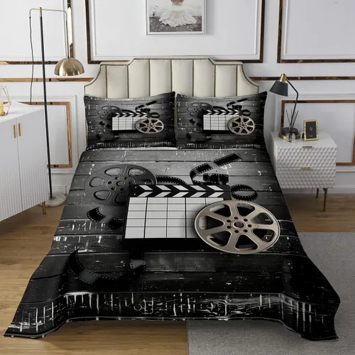 Miniatura 12 de Homewish Theater Cinema Poster Quilt Sets Twin Size,Retro Movie Bedspread Coverlet 2Pcs for Kids Girls Boys Room Decor,Popcorn Quilts Set Movie