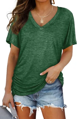 Miniatura 17 de WIHOLL - Camisetas de manga corta con cuello en V para mujer, holgadas, con fruncido lateral
