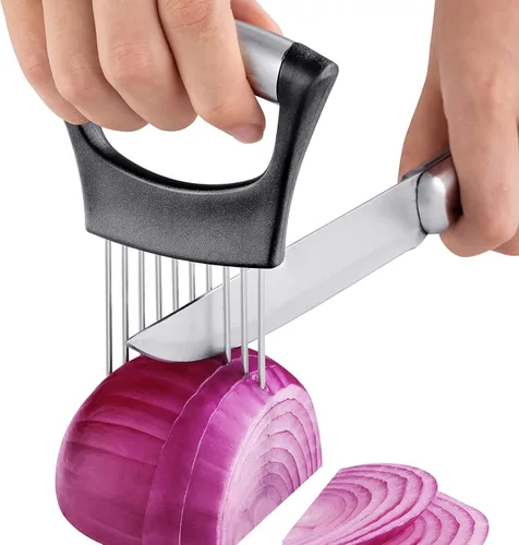 ESINAM Soporte para cortar verduras de alta calidad, herramienta auxiliar afilada de acero inoxidable para papa, tomate, fruta, limón y carne Negro