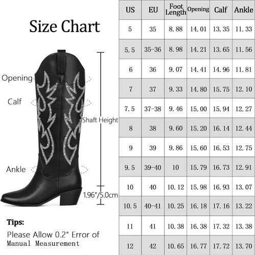 Miniatura 6 de Ouepiano Botas vaqueras para mujer, botas de vaquera con diamantes de imitación brillantes, punta de almendra, tacón bajo, meter, Westerm, a
