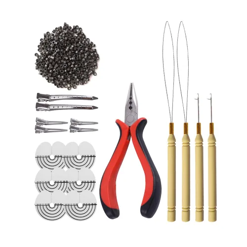 Miniatura 17 de Kit de herramientas de 200 piezas de extensiones de cabello de microanillos de silicona: alicates de pelo de tres agujeros, aguja de gancho de micro