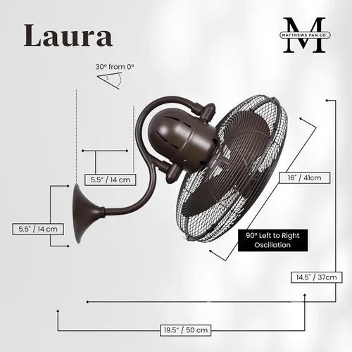 Miniatura 3 de Matthews LL-TB Laura Ventilador de pared de metal oscilante de 90° de 16 pulgadas con control remoto, motor de CC silencioso, bronce texturizado