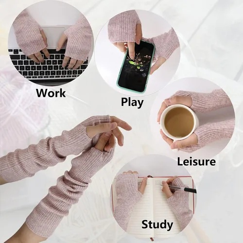 Miniatura 26 de Facecozy Calentadores de brazos para mujer, mezcla de lana de cachemira, guantes largos sin dedos para mujer, guantes para clima frío con agujero