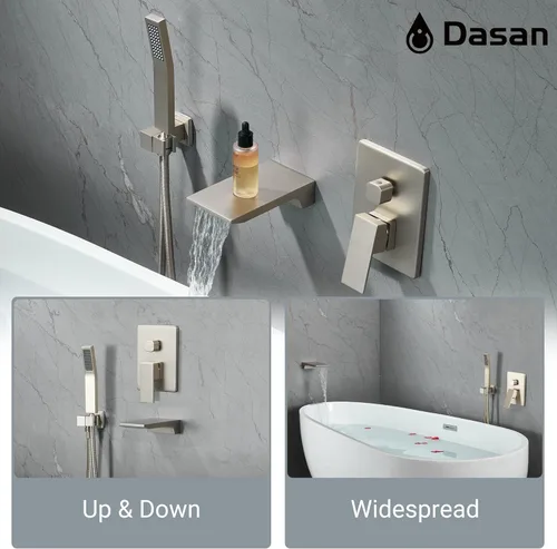 Miniatura 3 de DASAN SA-TF01WH-BN - Grifo de llenado de bañera en cascada con ducha de mano, moderno grifo de bañera de níquel cepillado con válvula de alto caudal