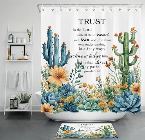 Miniatura 26 de LB Get Naked - Cortina de ducha de cactus con citas divertidas, plantas tropicales, suculentas, verdes, acuarela, cactus y flores, cortinas de ducha
