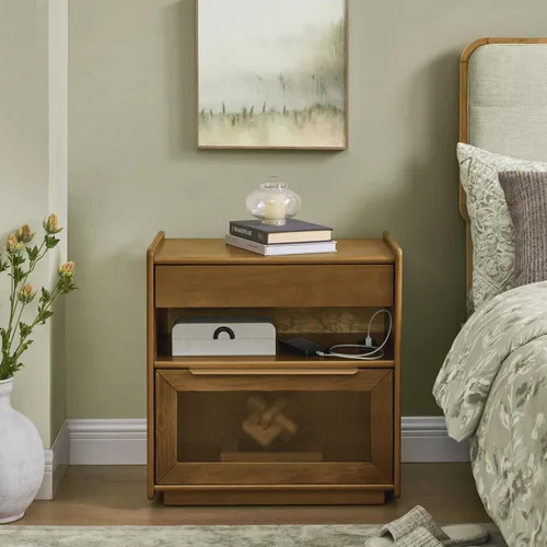 Miniatura 13 de Mesita de noche de ratán con 2 cajones con asas de metal para sala de estar, dormitorio, lugar pequeño, verde