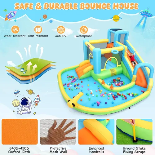 Miniatura 7 de Whubefy Tobogán acuático inflable de casa de rebote, parque acuático de 14.1 x 11.8 x 6.8 pies para niños, casa de salto todo en 1 con toboganes