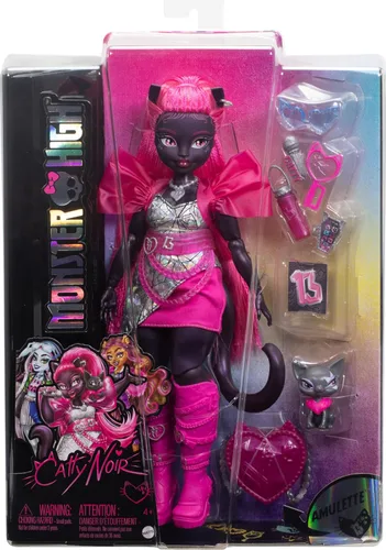 Miniatura 6 de Muñeca Monster High Catty Noir con gato mascota Amulette y accesorios como mochila, libro de música, micrófono y más