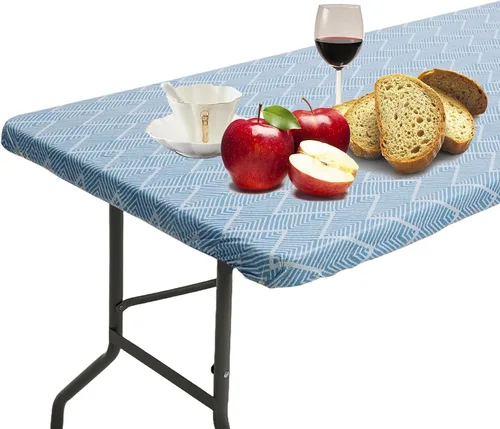 Miniatura 2 de Zhenrui Mantel rectangular elástico ajustable de 6 pies, cubierta de vinilo impermeable a prueba de derrames, diseño de ondas azules impresas