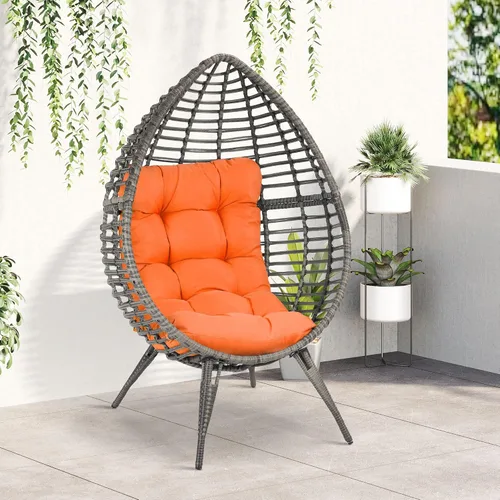 Miniatura 2 de Outsunny Silla de mimbre para patio con cojín suave, asiento de lágrima, silla de patio para exteriores/interiores, muebles de ratán de plástico PE