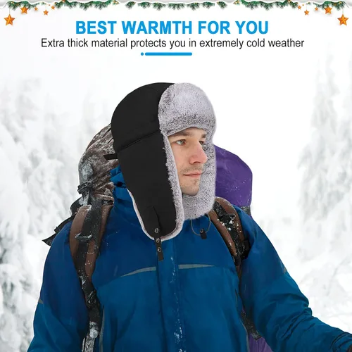 Miniatura 7 de POL PARKMAN Sombrero de trampero de invierno para hombres y mujeres, sombrero de aviador ruso Ushanka cálido frío para esquí, caza, negro, Negro