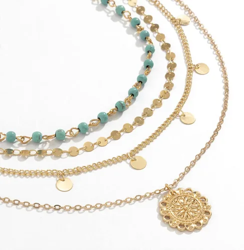 Miniatura 6 de Collar de oro para mujer, juego de collares de moda en capas, collar bohemio con cuentas de turquesa, collar largo con dije de moneda, collar
