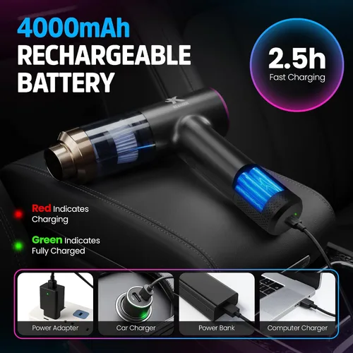 Miniatura 5 de Aspiradora de mano para automóvil, doble succión 7.5K y 12k Pa, mini portátil Soplador, inflador, desinflador y recogedor de polvo para automóvil