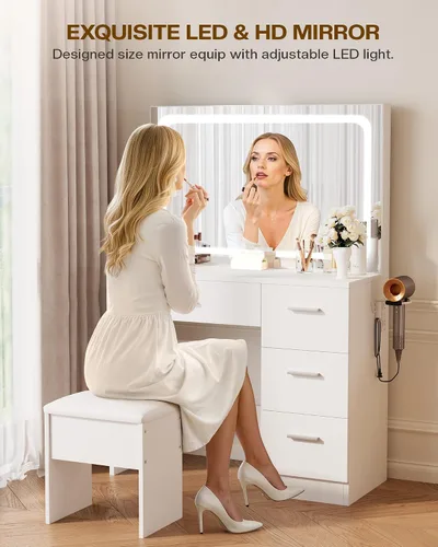 Miniatura 15 de LIVELYGLOW Escritorio de maquillaje con estación de carga y espejo LED, juego de tocador de 35.4 pulgadas con 4 cajones, 3 modos de iluminación