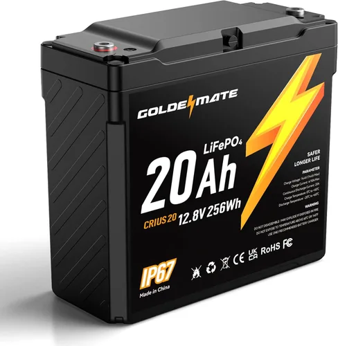 GOLDENMATE Batería LiFePO4 de 12V 20Ah, impermeable IP67, batería de litio de 12V con más de 5000 ciclos profundos, BMS incorporado, celda de