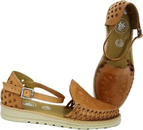 Macarena Collection Sandalias Huarache para mujer sandalias de cuero colorido estilo mexicano color tostado girasol troquelado 040 Beige Bronceado