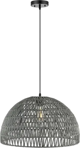 JONATHAN Y Lámpara colgante LED de cuerda tejida bohemia moderna gris de 20 pulgadas, lámpara de techo de cúpula ajustable para isla de cocina,