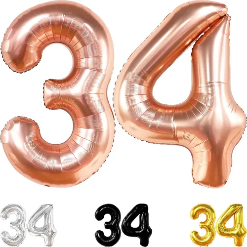Katchon, Globos gigantes de oro rosa con el número 34, 40 pulgadas, decoraciones de cumpleaños número 34 para mujer, globos de oro rosa del número