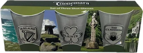 Juego de 3 vasos de chupito, diseño irlandés, adorno celta, arpa, trébol, Slainte Claddagh, Irlanda, artículo de bar, recuerdo, regalo de