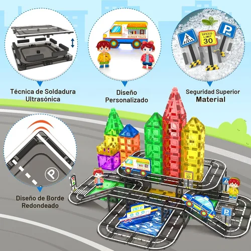 Miniatura 4 de Juego de 112 piezas de azulejos magnéticos para carretera con colores vibrantes y fuerza ultra magnética, bloques de construcción de carreteras