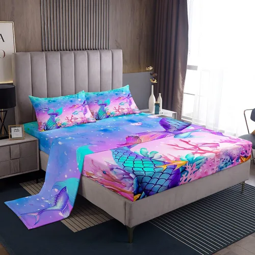 Miniatura 11 de Erosebridal Sábanas de sirena azul para niñas, juego de sábanas de unicornio lindo tamaño matrimonial, 4 piezas para niños, sábanas de arcoíris