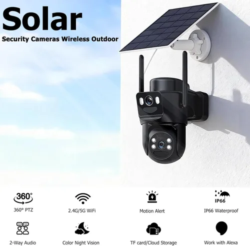 Miniatura 3 de Cámaras de seguridad solar de doble lente inalámbricas para exteriores, WiFi 6 G/2.4G, visión de 360°, panorámica/inclinación, cámara de seguridad