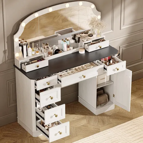 Miniatura 10 de Escritorio de maquillaje de granja con espejo y luces, mesa de tocador de 47 pulgadas con 8 cajones de almacenamiento, 1 gabinete y 2 bandejas