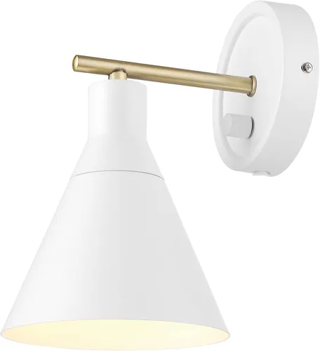 Globe Electric 65542 - Candelabro de pared de 1 luz con enchufe o cableado, blanco mate, acento en latón, interruptor giratorio de atenuación sin