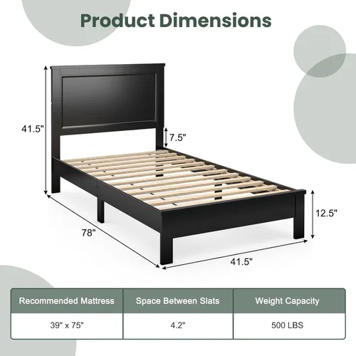 Miniatura 2 de Giantex Base de cama de plataforma de madera individual con cabecero, marco de cama de mediados de siglo con patas de madera maciza y soporte
