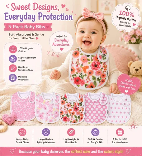 Miniatura 2 de KiddyStar Drool Bibs for Babies – Organic, Unisex, Soft Absorbent Teething Bibs with Adjustable Snaps Paquete de 5 baberos florales para niños