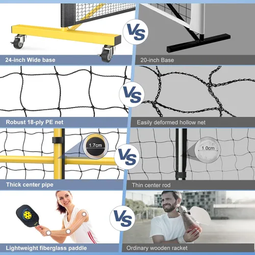 Miniatura 6 de Pickleball Net Set, Pickleball Net on Wheels for Driveway Backyard, 22FT Regular Size, 4 Pickleball Paddles & 6 Balls, 12 Court Markers, 1 Carry