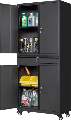Miniatura 8 de SISESOL Armario de almacenamiento de metal con cajón y cerradura, gabinete de almacenamiento de metal negro con puertas de bloqueo y estantes