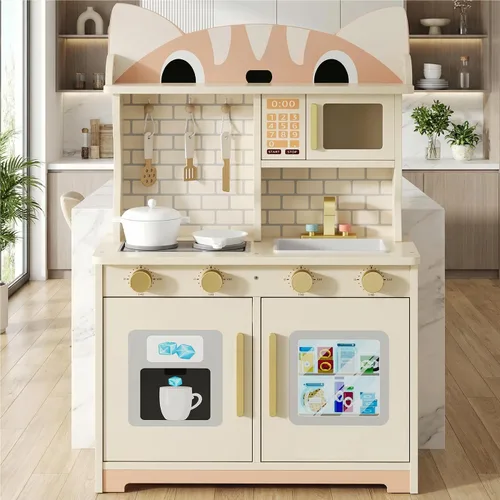 Miniatura 10 de knoworld Cocina de madera de juguete para niños de 3 a 8 años, juego de cocina con diseño de gato con microondas, estufa, fregadero, perillas