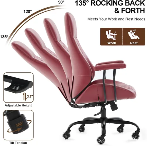 Miniatura 6 de E-Motie Silla de Escritorio para Oficina en Casa, Silla de Computadora de Cuero Ergonómica de Respaldo Alto con Soporte Lumbar, Altura Ajustable