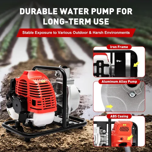 Miniatura 5 de Bomba de transferencia de agua a gas de 2 tiempos, 1.7 HP, motor de gasolina de 40.2 cc, bomba de agua portátil de 1 pulgada, bombas de agua