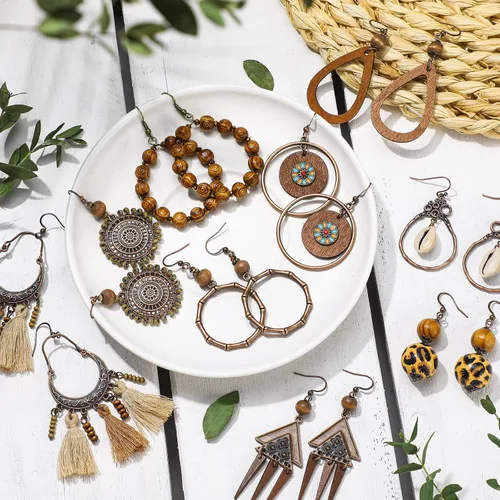 Miniatura 7 de 9 pares de aretes bohemios de madera para mujer, con borlas, estilo nacional, estilo hippie, vintage, gota para la oreja