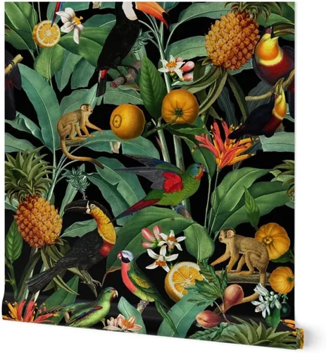 Muestro de papel tapiz extraíble – Naturaleza Botánico Tropical Tucanes Monos Loros Papel pintado personalizado pre-pegado por Spoonflower