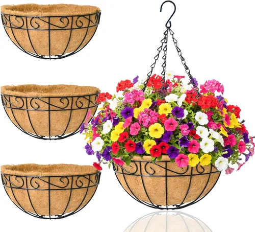 Miniatura 9 de Macetas colgantes para plantas de exterior, paquete de 4 cestas colgantes de metal de 12 pulgadas con forro de fibra de coco y alambre para plantas